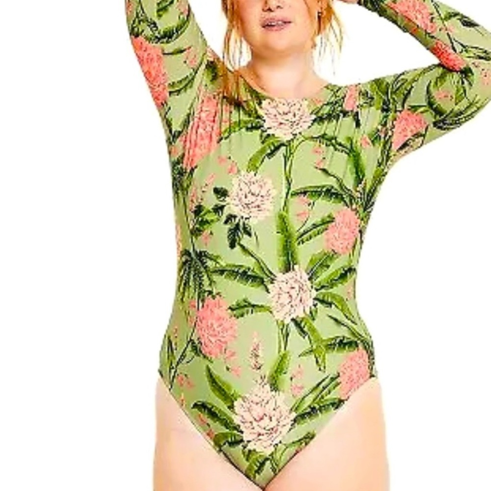 Aquabendita Peony Print Long Sleeve One Piece Swimsuit NWT